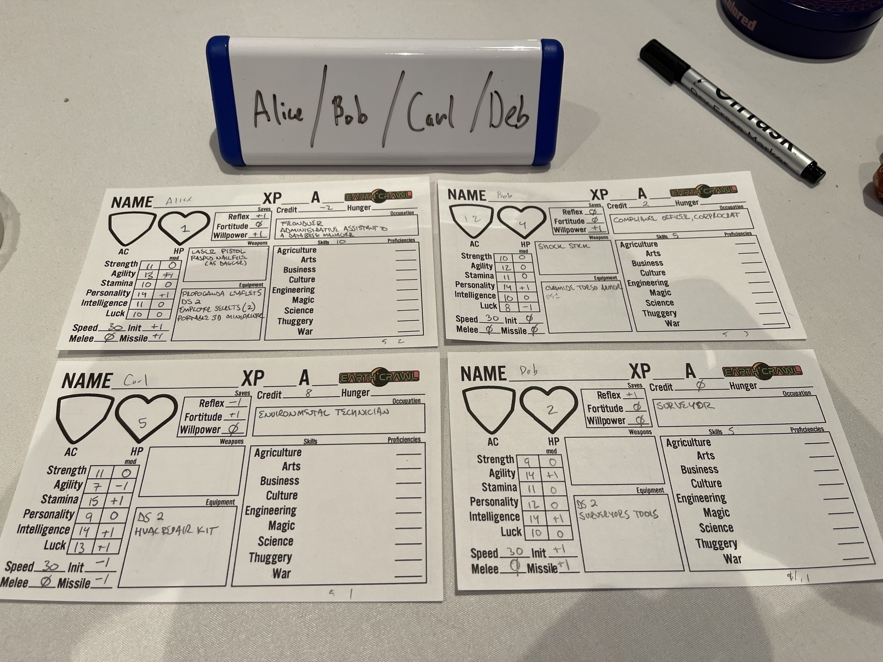 Four character sheets for Alice, Bob, Carl, and Deb