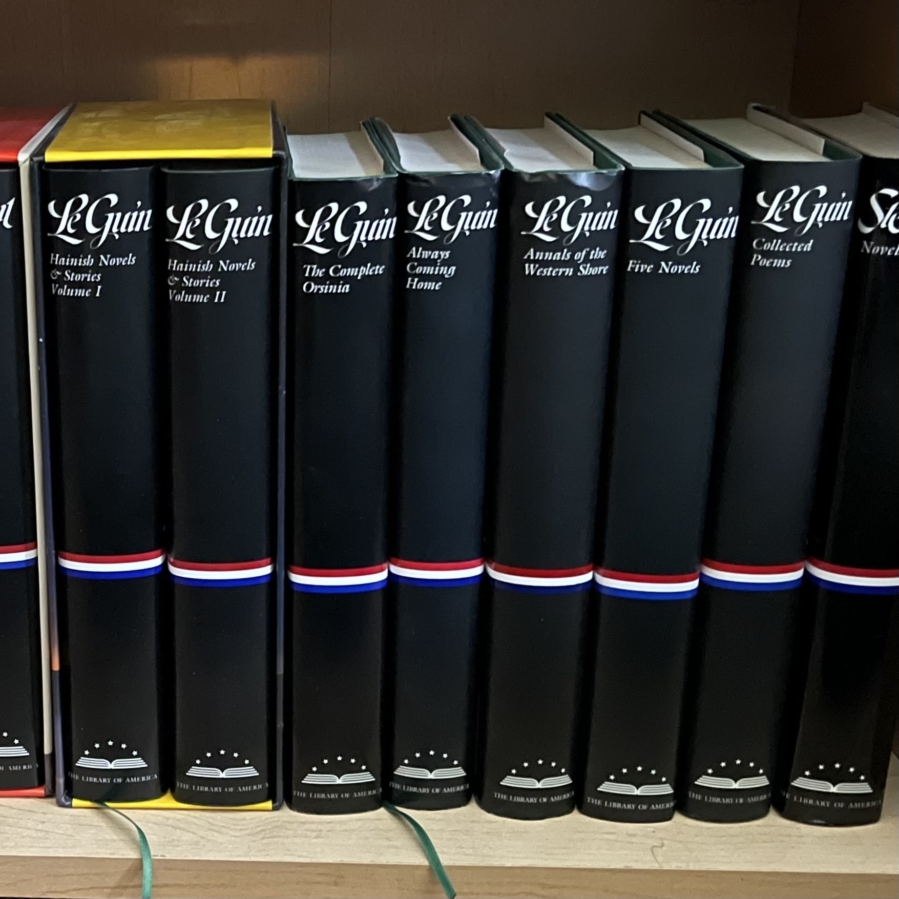 All of the Ursula K. Le Guin LoA books together on a shelf.