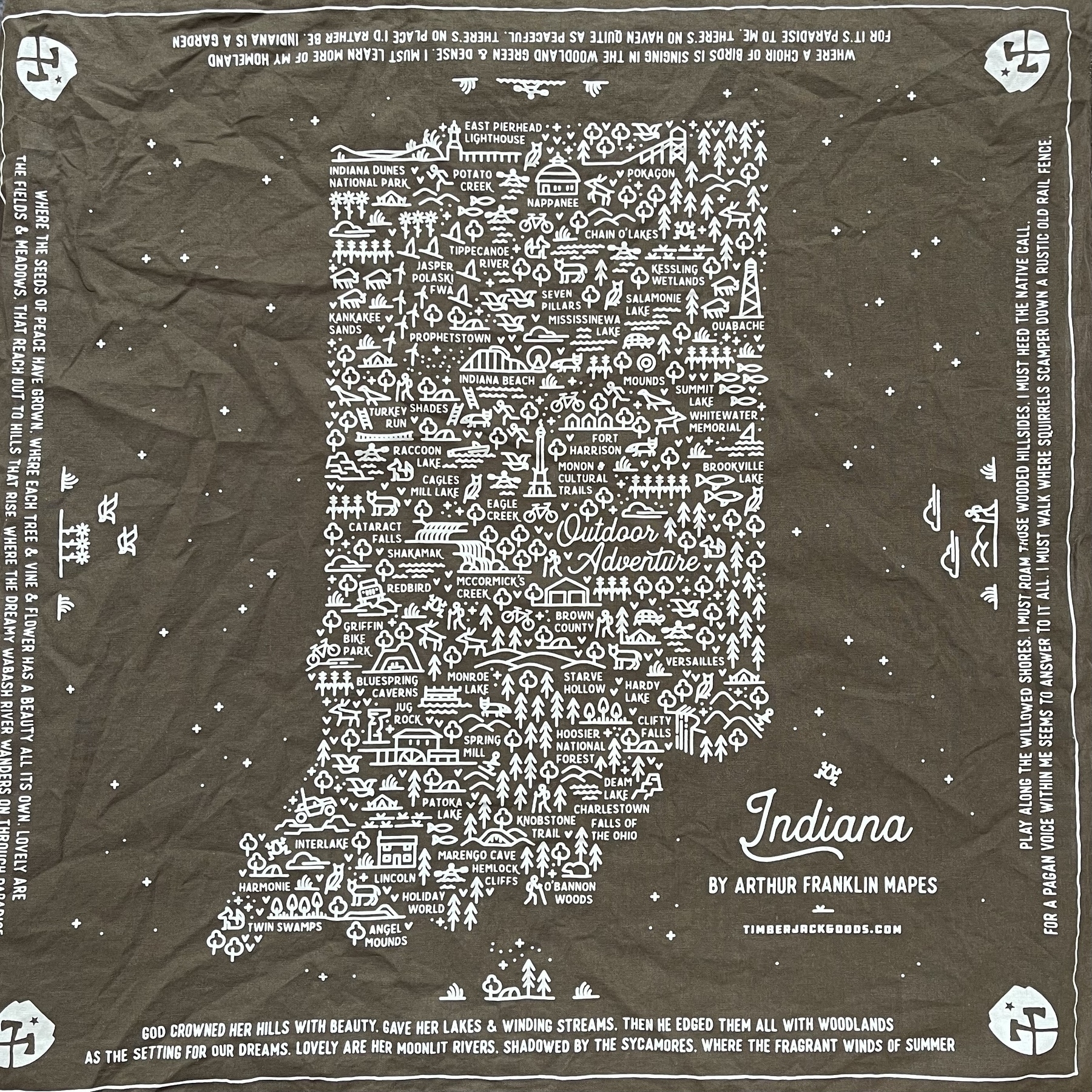 A handkerchief showing a map of Indiana made up of park and wilderness names 