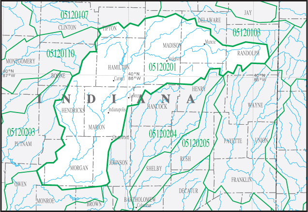 A map showing the 05120201 watershed code in central Indiana.