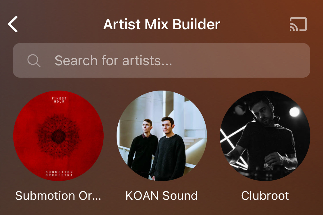 Plexamp’s Artist Mix Builder showing Submotion Orchestra, KOAN Sound, and Clubroot