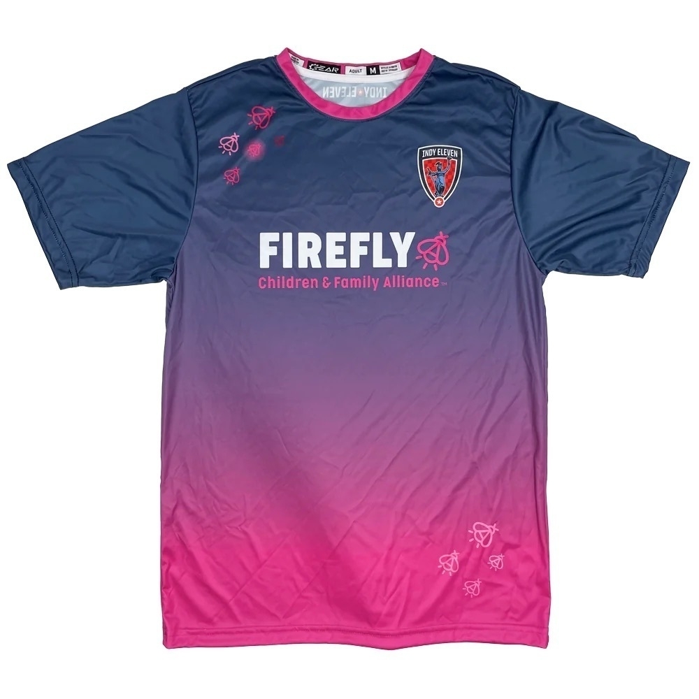 Indy Eleven soccer ersey with the “circle-a”-looking firefly, supporting the Children & Family alliance.