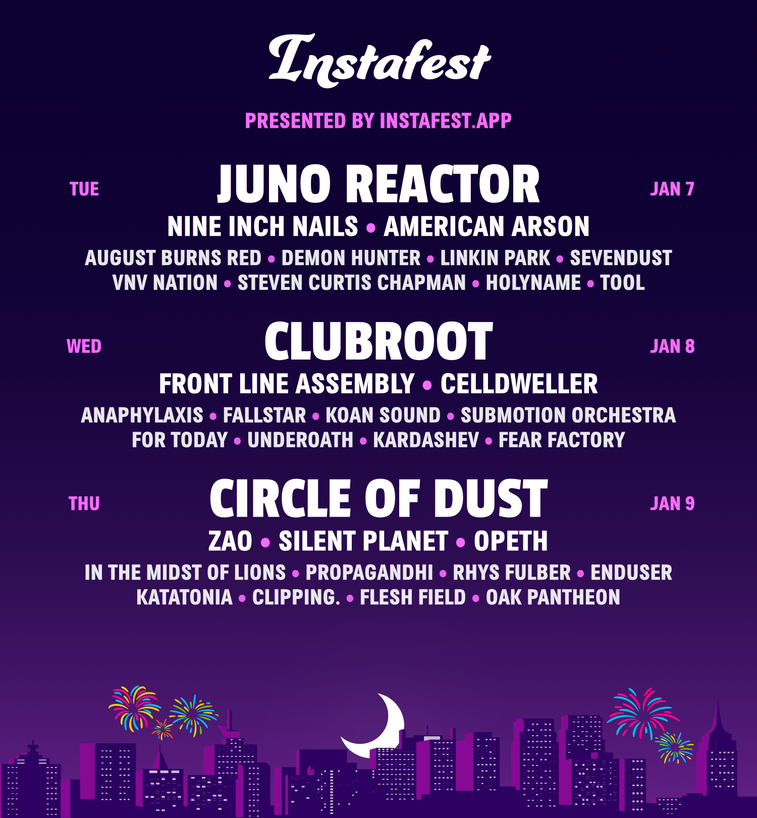 A graphic poster for "Instafest" features a lineup of musical artists across three event dates with a cityscape and palm tree background.